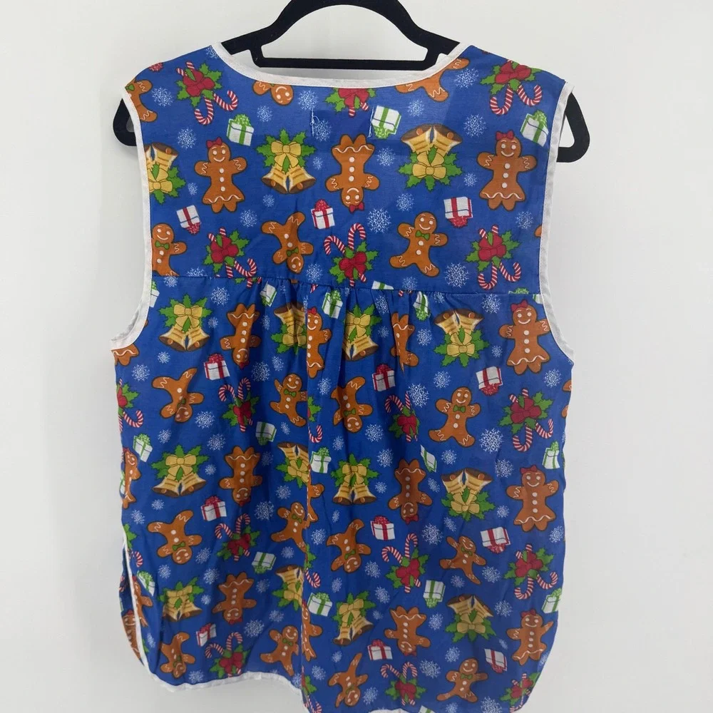 Christmas Gingerbread Man Snap Front Cobbler Smock Apron Kitchen Vest Blue Large